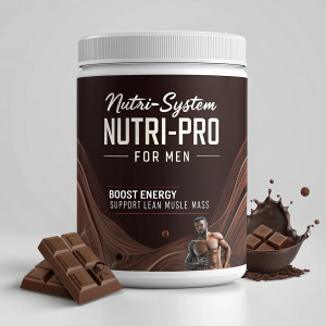 Dark packaging of Nutri-System Nutri-Pro for Men, highlighting its benefits for men. The design features a chocolate theme. Product comes in a white container with label detailing its purpose to boost energy and support lean muscle mass.