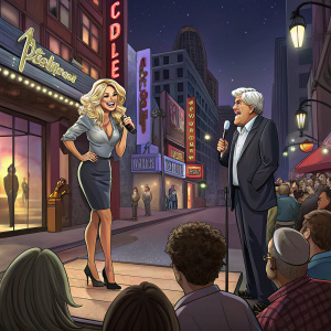 Pamela Anderson and Jay Leno at a comedy club in a bustling city night scene.