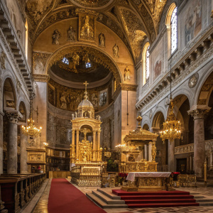 Inside the Cathedral of Saint Domnius within Diocletian's Palace. Richly decorated with gold and intricate designs. Focusing on ornate details and textures. Chandeliers, statues, and altar featured prominently.