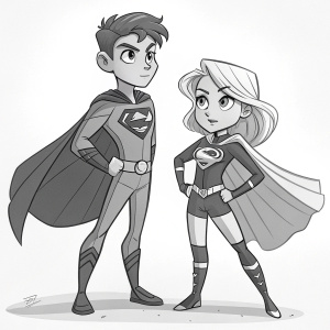 Digital illustration of Superboy and Miss Martian from the Titans series. Simple style with minimal background. Sketch in black and white with shading and detailed lines.