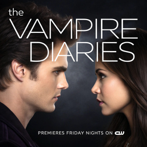 Promotional poster for 'The Vampire Diaries'. Elena Gilbert and Stefan Salvatore staring into each other's eyes against a dark backdrop. Premieres Friday nights on CW.