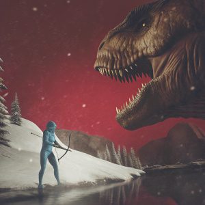 Alien-like figure with blue skin wielding a bow and arrow. Facing off against a massive, brown, menacing beast with sharp fangs. Set in a rugged, snowy wilderness. Winter wonderland transformation with crisp, snowy textures.