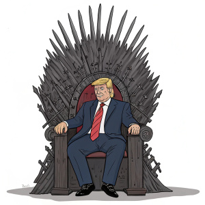 Illustration of Donald Trump, sitting on a grand throne, reminiscent of Game of Thrones, in a simple, cartoonish style.