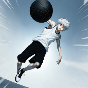 Killua Zoldyck, lean and athletic, in mid-action pose, anime style. Pale white hair, intense blue eyes. Wearing white tank top and shorts. Dynamic action background with lighting effects