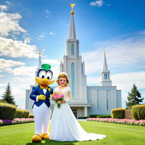 Donald Duck and Daisy Duck getting married at a Mormon temple on white background