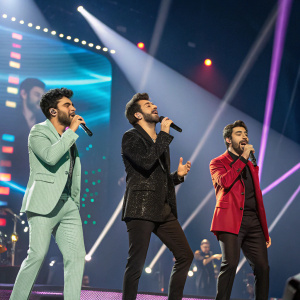 Gianluca Ginoble, Piero Barone, and Ignazio Boschetto of Il Volo in a vibrant stage performance, studio lights shining bright.