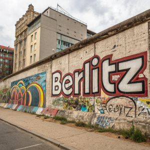 Berlitz logo featured on a vintage, graffiti-covered concrete wall in downtown. The modern text 'Berlitz' stands out against the weathered backdrop.
