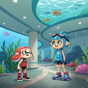 Inkling and Squid Girl from Splatoon series, standing in a vibrant, underwater-themed lobby. Characters in their iconic colorful outfits.