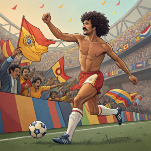 Ruud Gullit, shirtless, curly hair, mustached, playing soccer in a vibrant stadium full of enthusiastic fans.
