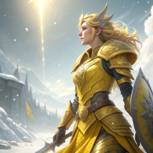 In-game screenshot: Female warrior from Dragon Raja. Golden hair, vibrant yellow armor. Bright white environment.