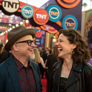 Bobcat Goldthwait and Nora Muhlenfeld, laughing and joking around. Crowded event entrance, colorful Turner logos