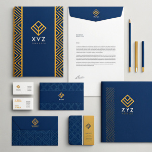 A vibrant rebranding for XYZ Corp showcases a minimalist design with deep blue as the primary hue, complemented by golden accents. The logo, pattern, and typography are seamlessly integrated throughout various marketing materials, ensuring a cohesive and modern aesthetic.