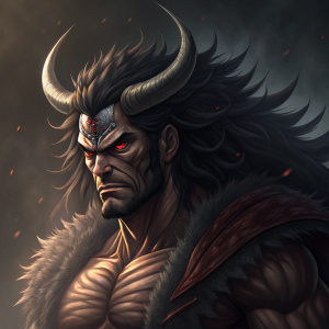 Digital painting of Kaido, an anime villain, with muscular physique, sharp horns, and disheveled hairstyle. Dark, ominous background.