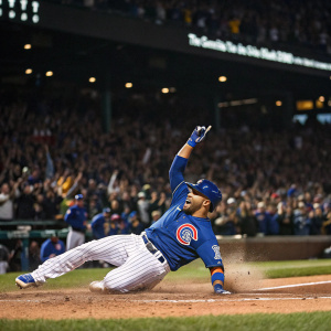 Ramon Laureano, wearing blue jersey with white stripes, at a packed stadium. Dramatic action shot of him sliding into home plate. Crowds cheering in background