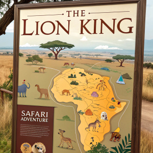 Interactive poster for 'The Lion King' video game. Detailed map showcasing various African animals and fun facts about the safari adventure.