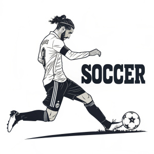 Vector illustration of Sergio Ramos in action. Simplified design, kicking pose, black and white color scheme, word 'SOCCER' in bold letters