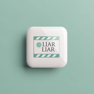 A sleek and minimalist logo for a hypothetical film titled 'Liar Liar'. The logo features a clean, square design with the title in a stylish, modern font. Soft hues of green and white are used to create a calm and sophisticated aesthetic.