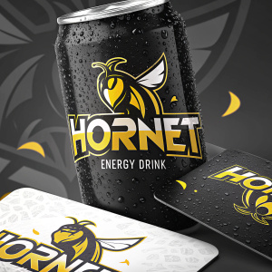 Creative branding for Hornet Energy Drink. Bold logo with dynamic font. Professional and eye-catching business cards featuring black, yellow, and white color scheme. Emphasis on brand name and contact details.