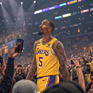 J.R. Smith, in vibrant Lakers jersey, stands confidently amidst cheering fans at an NBA playoff game. The stadium is packed with diverse audience, filled with excitement and energy.