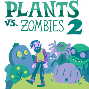 A colorful promotional poster for Plants vs. Zombies 2. A bearded man in casual wear stands amidst a swarm of quirky game characters. Each character uniquely designed with vivid colors.