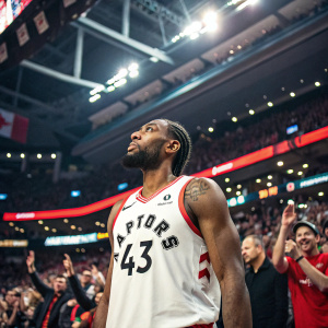 Kawhi Leonard wearing Toronto Raptors jersey, number 43. Standing in an indoor stadium, surrounded by cheering fans.