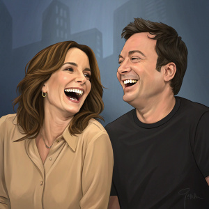 Jimmy Fallon and Tina Fey laughing on set of Tonight Show. Jimmy in black t-shirt, Tina in light-brown blouse.