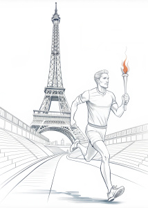 Contour drawing for coloring page, running man carrying Olympic torch on Eiffel tower and stadium background, full body, no shadow, all white, white background,

