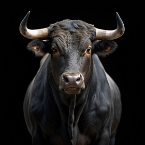 Strong
angry spanish brave bull black face with black background