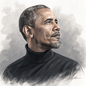 A detailed charcoal sketch of Barack Obama. Shows him with a beard, wearing a simple black turtleneck. Background is abstract and minimalistic, highlighting his face and upper torso.