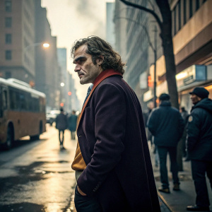 Joaquin Phoenix as Joker. Crowded city street background, natural light, people walking, bus in distance. Promotional poster photo