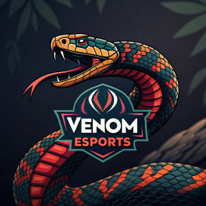 Digital illustration of a striking snake, venom esports logo. Abstract geometric patterns, dark background