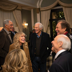 TV stars Jamie Farr, Loretta Swit, David Ogden Stiers, Harry Morgan, Mike Farrell, Alan Alda, and William Christopher at a lively reunion event. The scene is set in a cozy room with soft lighting and elegant drapes.