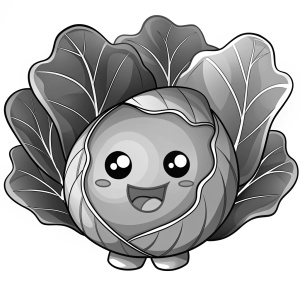 Imagen para colorear de una lechuga y una col, estilo kawaii, en blanco y negro, sin tonos de grises