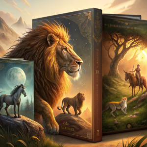 A showcase of Chronicles of Narnia book covers featuring detailed artwork. The main cover displays a lion with a glowing golden-brown mane, while others illustrate a horse and a hybrid primate-beast character. All designs are rendered in vivid earth tones, capturing the essence of the magical Narnia world.