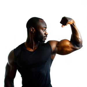 hombre con pose de biceps con fondo blanco
