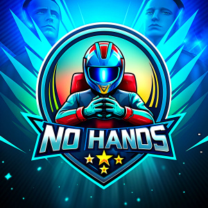 El logo para no hands de juegos de simulación de carreras presenta un diseño dinámico con un volante estilizado en el centro, destacando su pasión por la velocidad virtual. Los colores principales son rojo y negro, evocando energía y determinación, con detalles de textura que simulan la superficie de un volante real. El nombre del streamer se incorpora en una fuente audaz y moderna. En conjunto, el logo comunica la emoción y la adrenalina de las carreras virtuales, capturando la esencia. Nohands