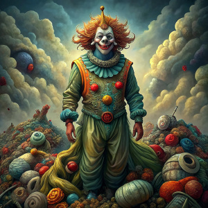 a haggard clown on a pile of junk