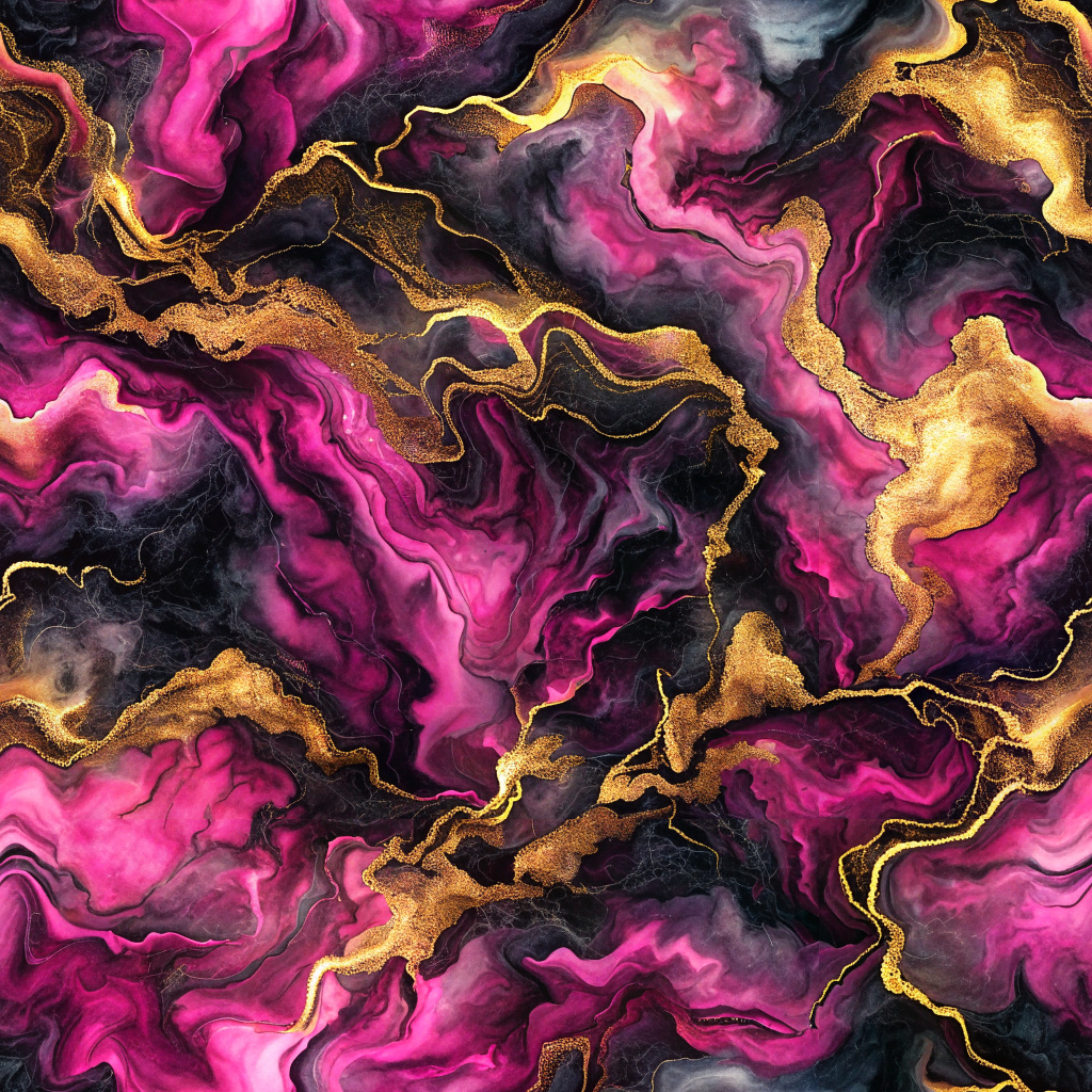 Seamless pattern of hyper realistic magenta, black and gold marble elements