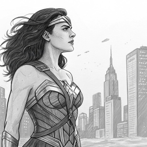 Sketch of a female superhero, fierce look, dark hair, detailed black and white bodice, inspired by Wonder Woman. Standing alone in a cityscape