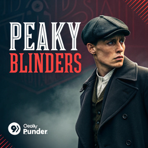 Digital ad for Peaky Blinders. Dark color scheme with bold fonts and a close-up of a man in a trench coat, intense stare. Vibrant promotional design.