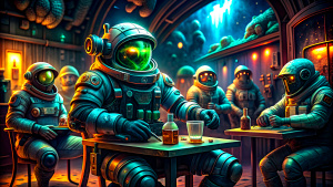 astronaut at a post apocalyptic space station drinking and smoking waterpipe in a bar full of scary aliens