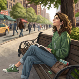 Marisa Tomei in casual attire, jeans and a green sweater, seated on a park bench. Busy city street background.