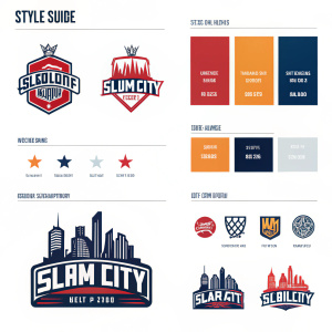 Style guide for WWE Slam City. Features varied logo presentations, diverse color palettes, array of sizes. Includes clean, modern background designs. Emphasizes bold graphic components. Highlights sports-inspired visual themes. Ensures organized, clear layout.