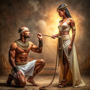 An ancient Egyptian slave kneels before his mistress, who holds a whip in her hand.