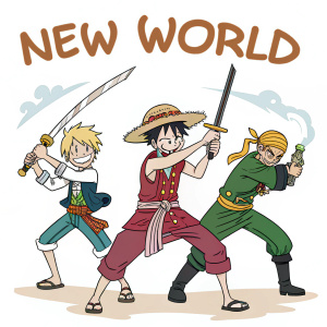 Illustration of Luffy, Zoro, and Sanji from One Piece, in action poses. They wear adventurous outfits and hold their signature weapons. The scene features 'NEW WORLD' text.