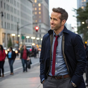 Ryan Reynolds as Deadpool in a candid shoot. Smart casual outfit, casual demeanor, urban street background.