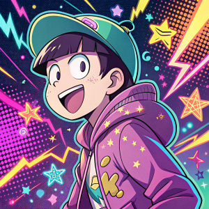 Osomatsu San, anime character, depicted in a bright, digital illustration style. Pop art background with neon colors and dynamic shapes.