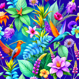 exotic orange craft paper with  purple -red birds  and yellow exotic flowers and wild flowers ,red  canna,flame altey,melon chamomileorange canna , ivy ,sisymbrium ,celosla, purplehyacinth ,saffron ,primrose ,rosemary , iris  , saffron ,primrose ,rosemary , iris  ,flying birds,exotic butterflies 