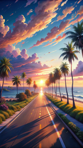 road along summer beach at sunset. 4K Wallpaper Anime Scenery





