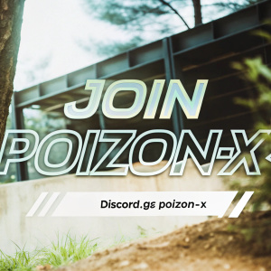 Banner for Poizon-X Discord server. Vibrant green text reads 'Join Poizon-X'. Dark background with sleek, futuristic design. URL: discord.gg/Poizon-X